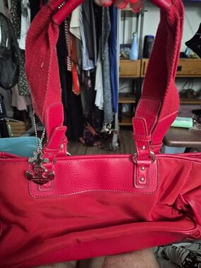 Tommy Hilfiger Bright Red Canvas and Leather Tote with Logo Charm